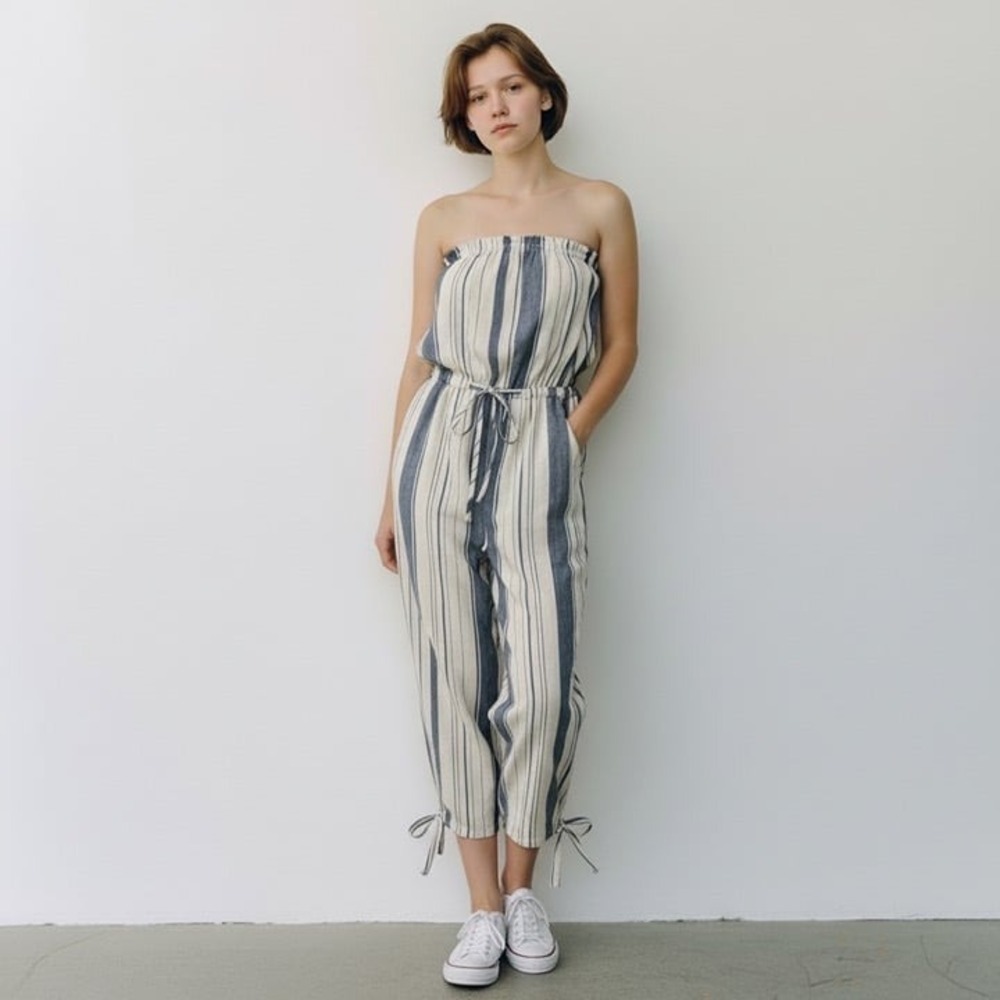 L.A. Hearts Sz SM Blue Ivory Striped Linen Blend Strapless Romper